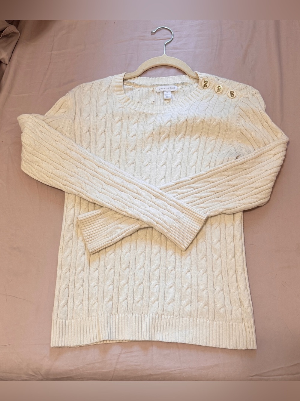 Charter Club Cream Cable-Knit Crewneck Sweater with Shoulder Buttons